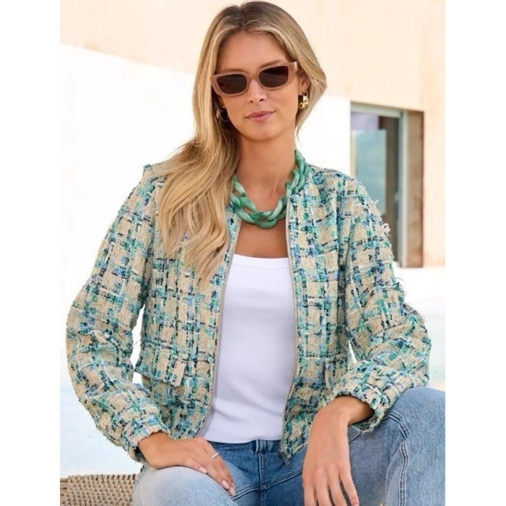NWT Boston Proper XL Tweed Zip Bomber Lady Jacket Blue Green Cream Pockets - Picture 1 of 16